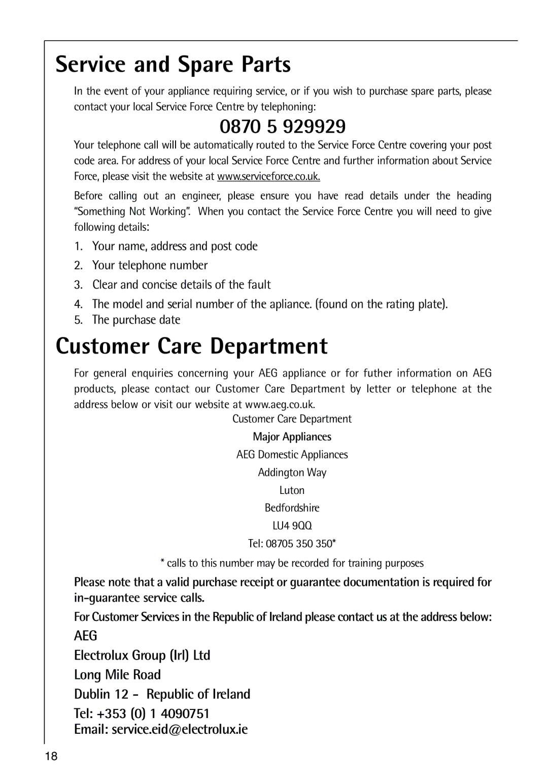 Electrolux 75270 GA user manual Service and Spare Parts, Customer Care Department 