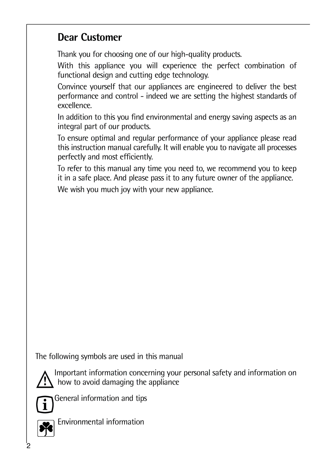 Electrolux 75270 GA user manual Dear Customer 