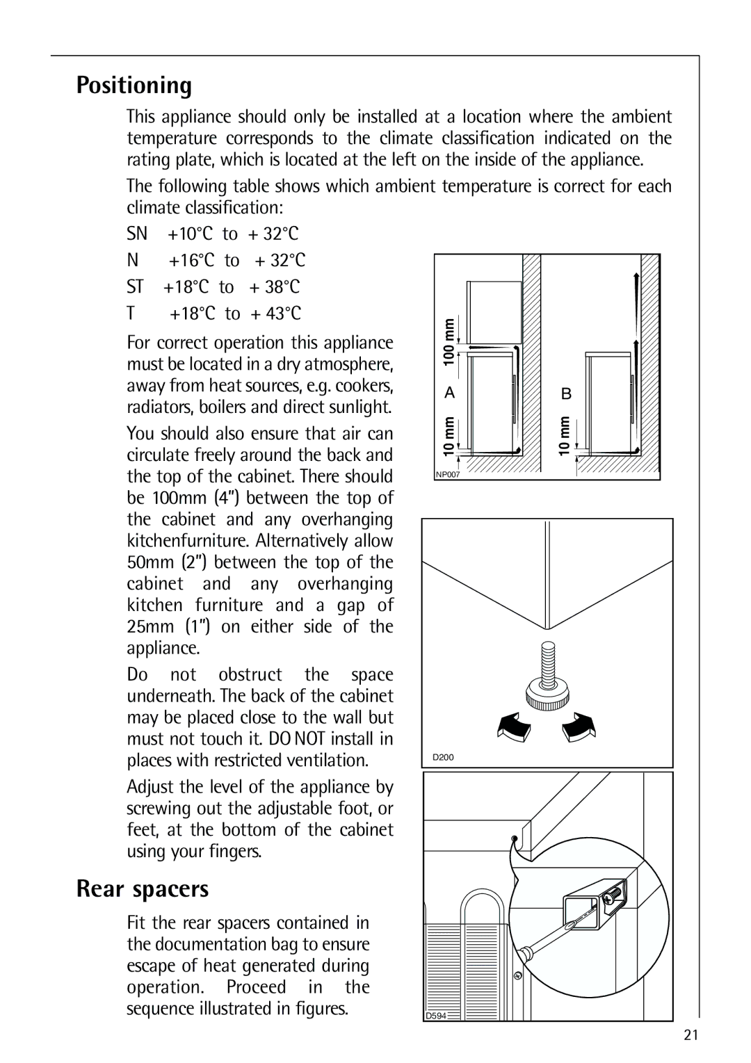 Electrolux 75270 GA user manual Positioning, Rear spacers 