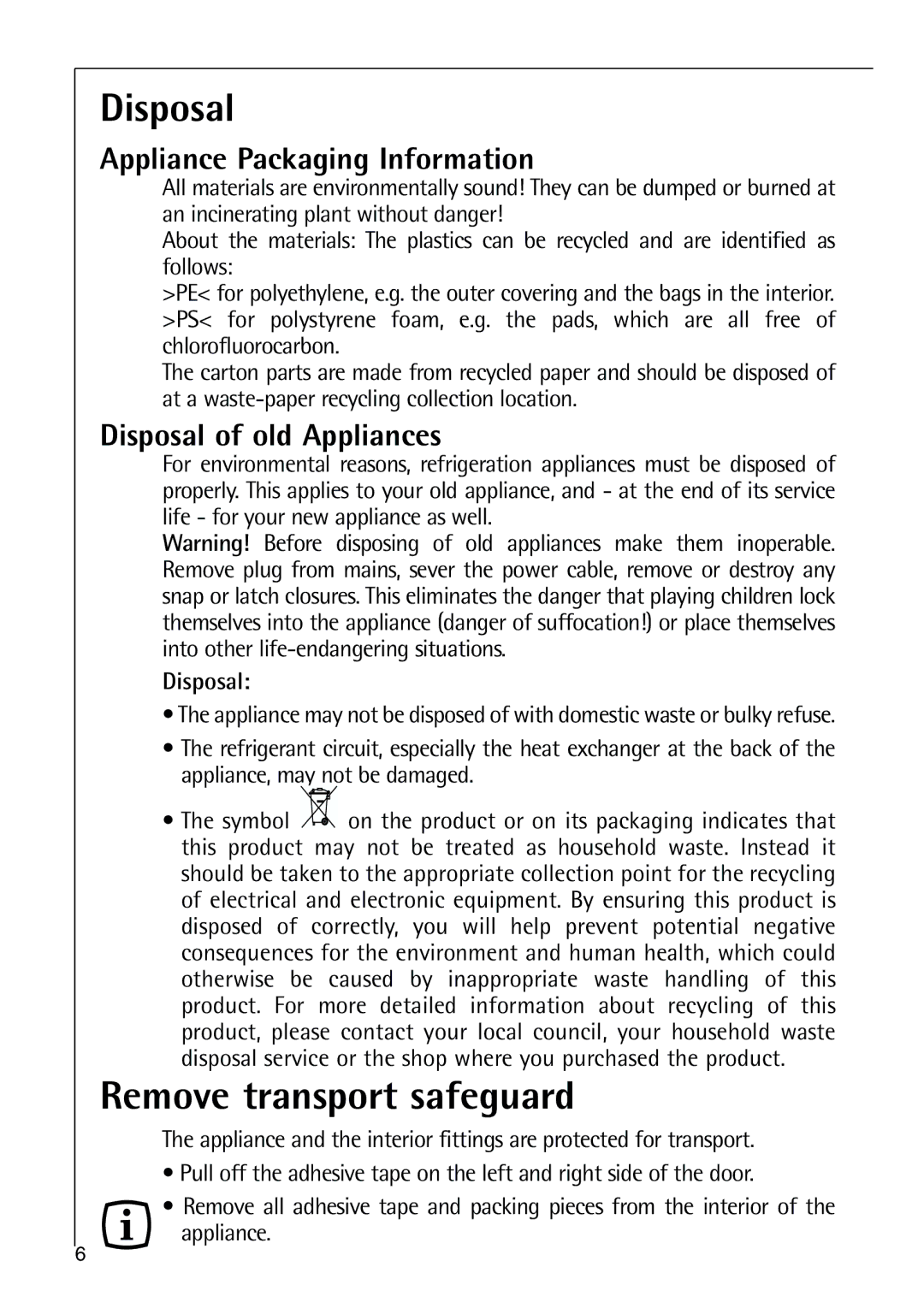 Electrolux 75270 GA user manual Remove transport safeguard, Appliance Packaging Information, Disposal of old Appliances 