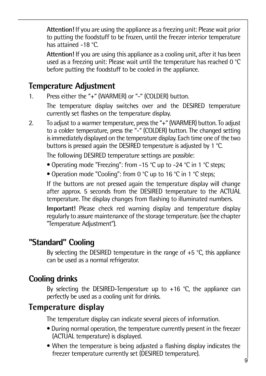 Electrolux 75270 GA user manual Temperature Adjustment, Standard Cooling, Cooling drinks, Temperature display 