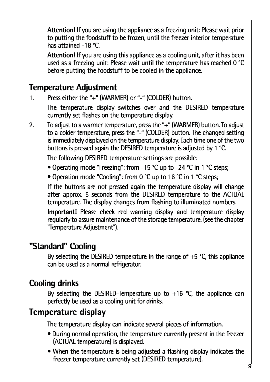 Electrolux 75270 GA user manual Temperature Adjustment, Standard Cooling, Cooling drinks, Temperature display 