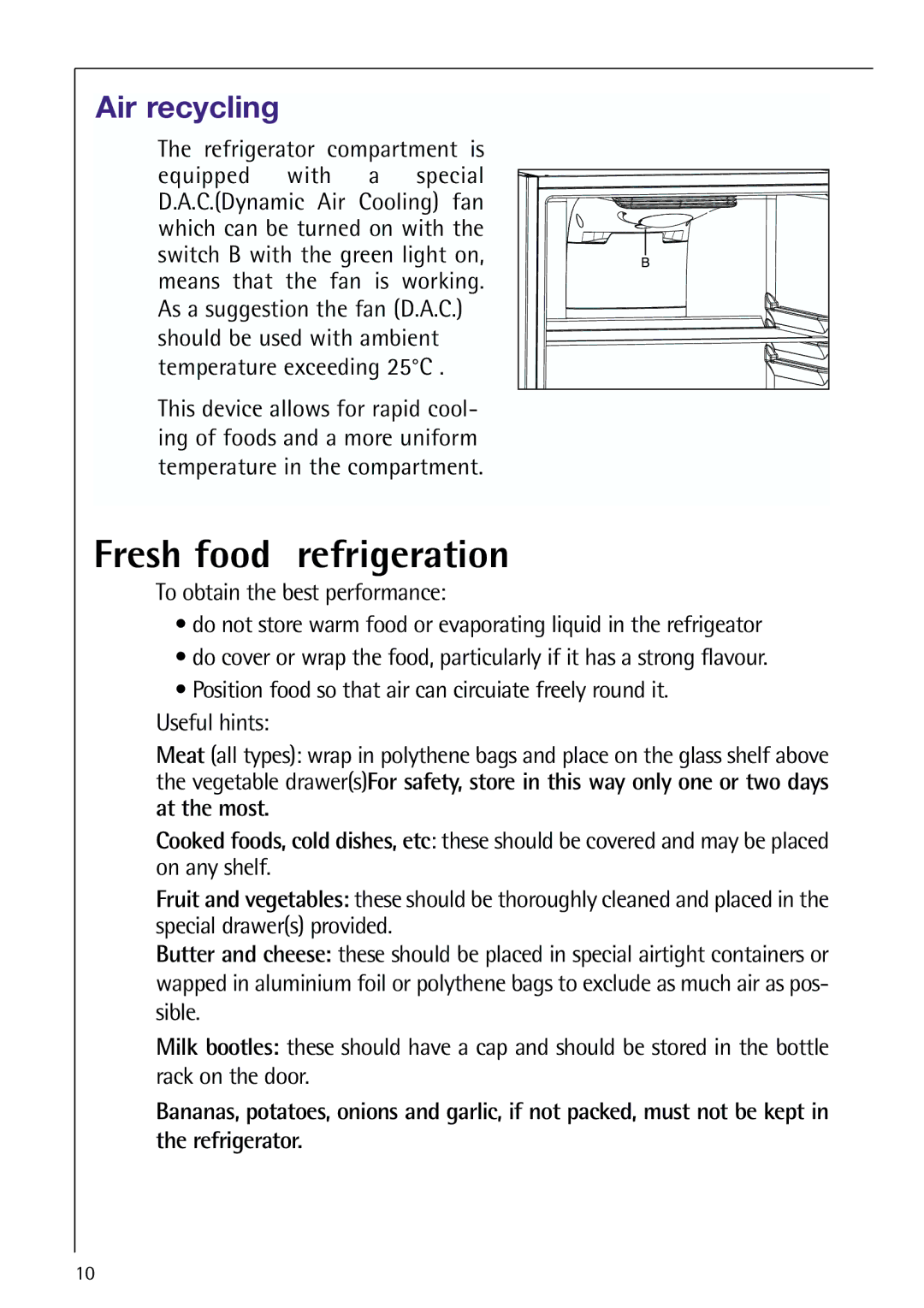 Electrolux 75428-1 DT user manual Fresh food refrigeration, Air recycling 