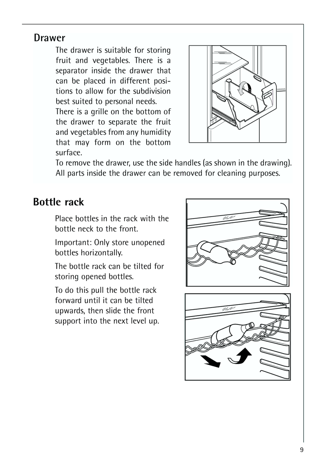 Electrolux 75428-1 DT user manual Drawer, Bottle rack, Can be placed in different posi, There is a grille on the bottom 