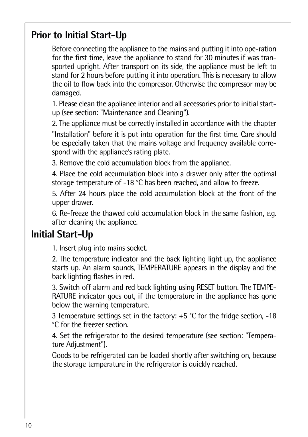 Electrolux 75438 KG user manual Prior to Initial Start-Up 