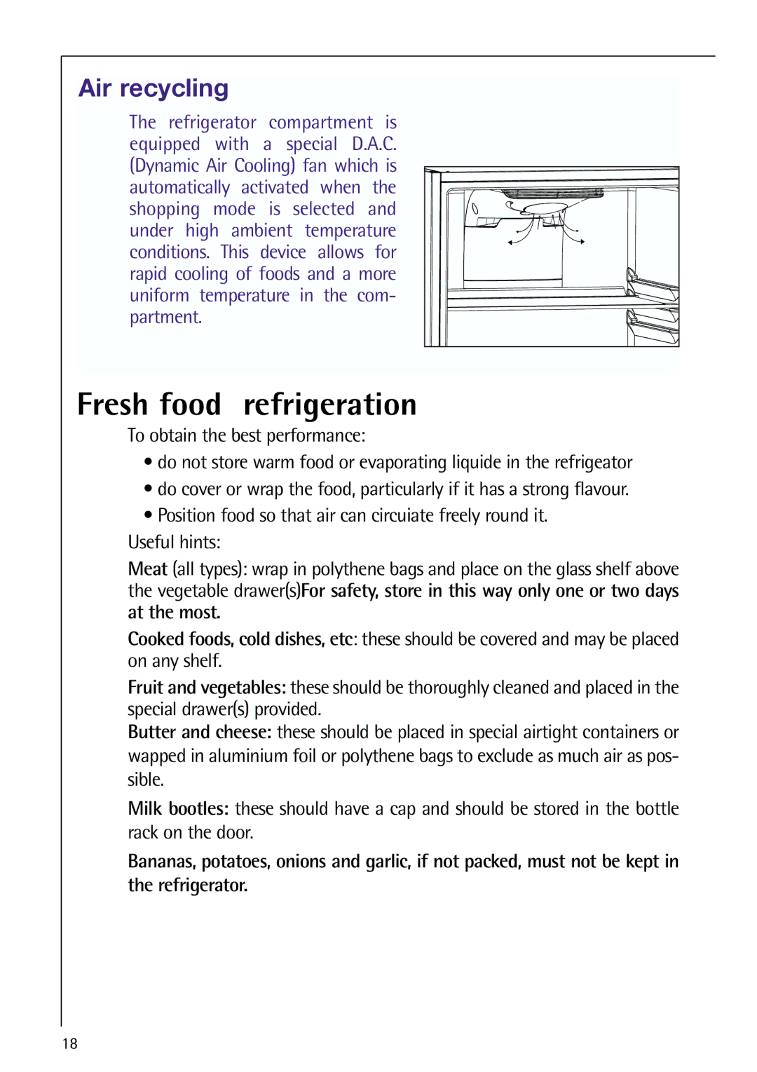 Electrolux 75438 KG user manual Fresh food refrigeration, Air recycling 