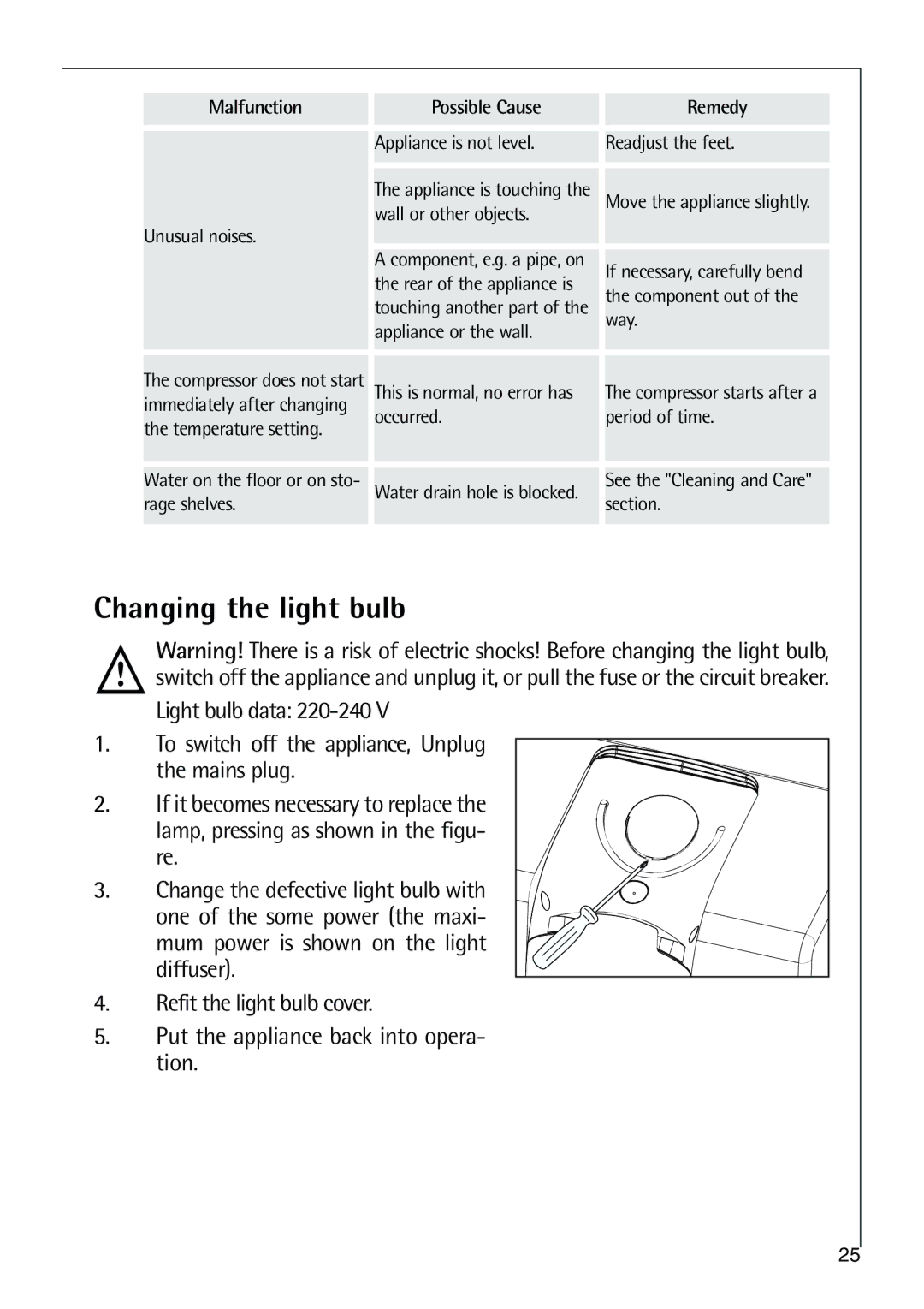 Electrolux 75438 KG user manual Changing the light bulb, Unusual noises 