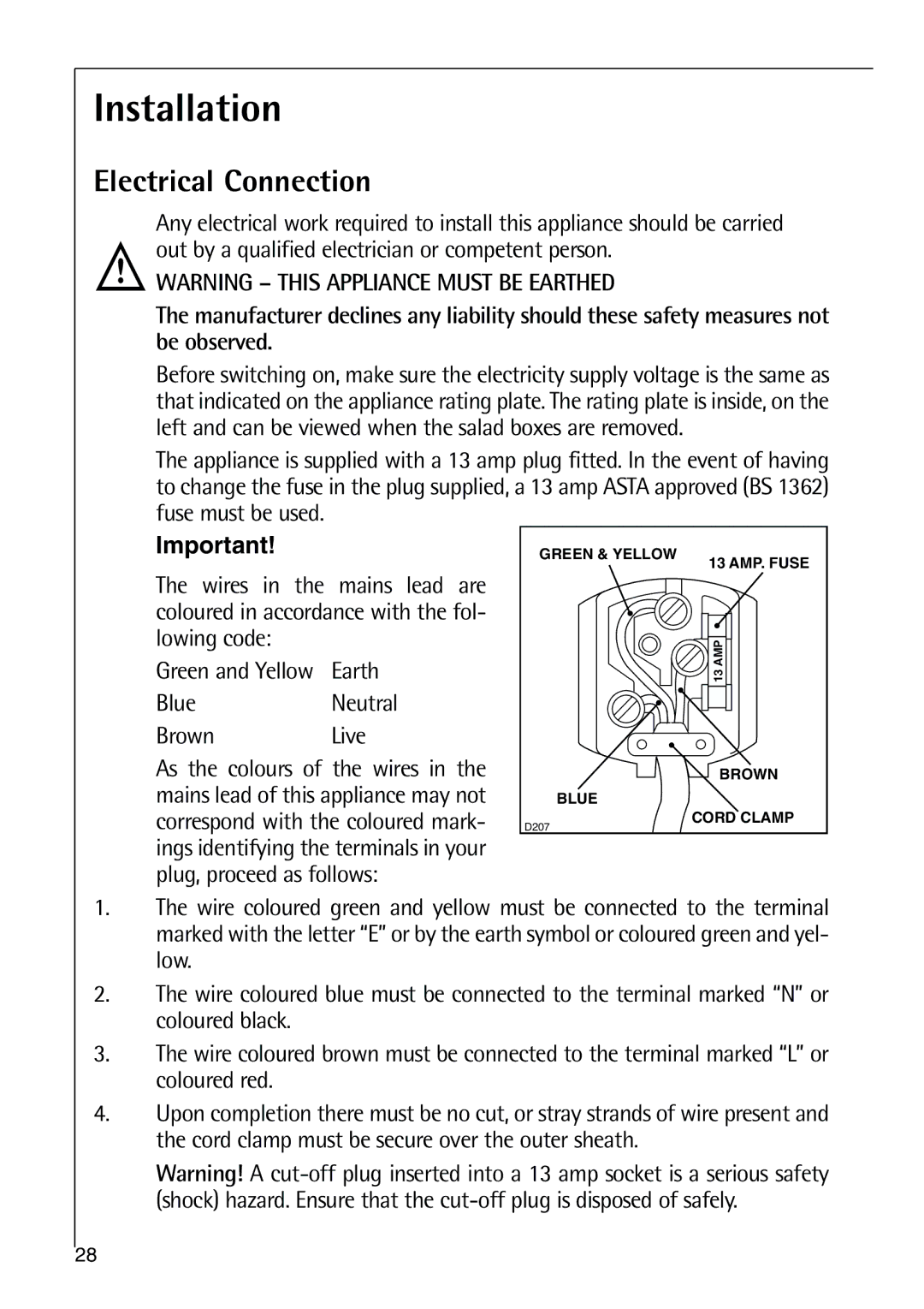 Electrolux 75438 KG user manual Installation, Electrical Connection 