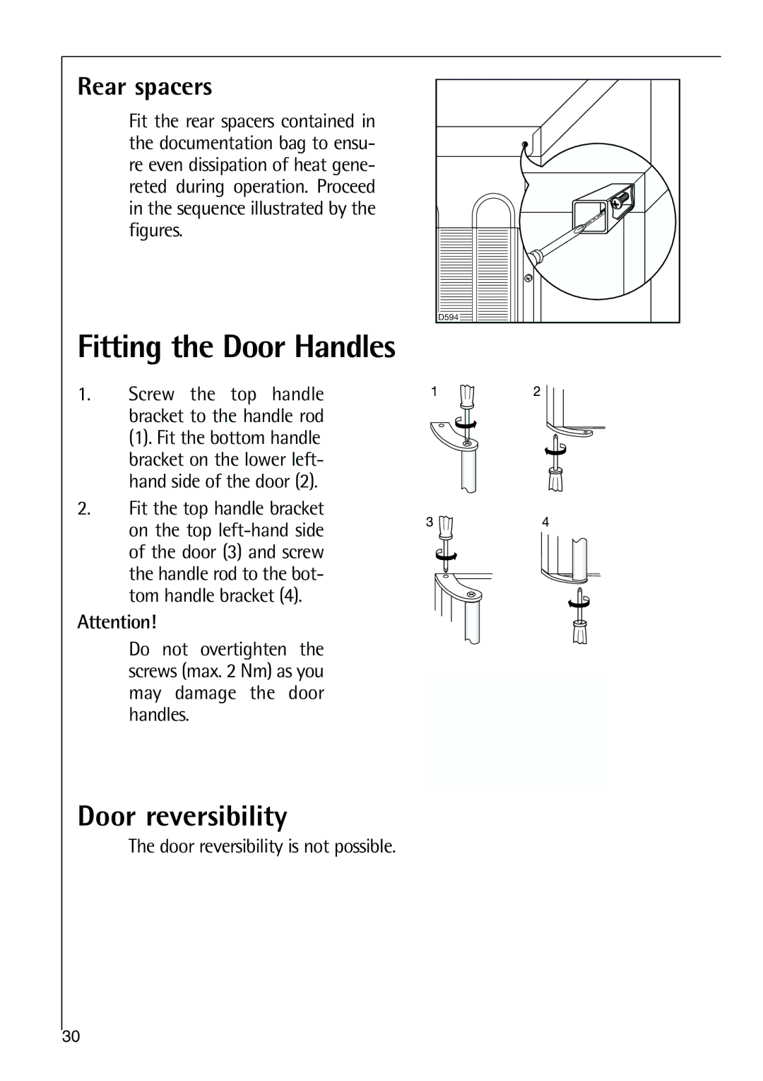 Electrolux 75438 KG user manual Rear spacers, Door reversibility is not possible 