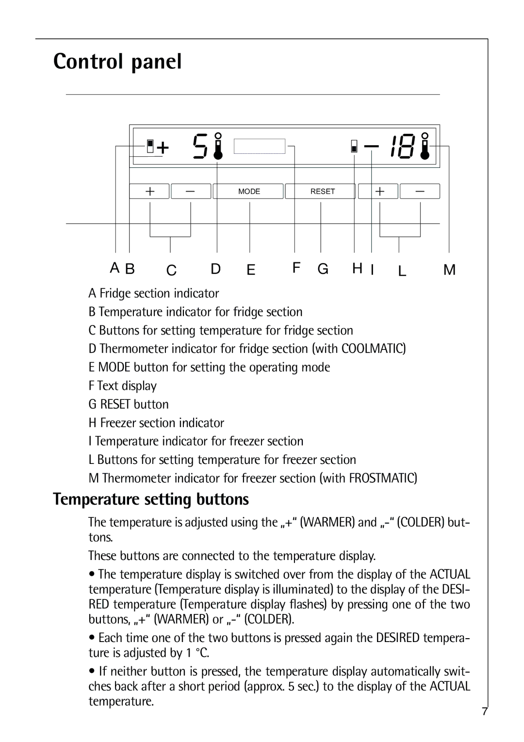 Electrolux 75438 KG user manual Control panel, Temperature setting buttons 