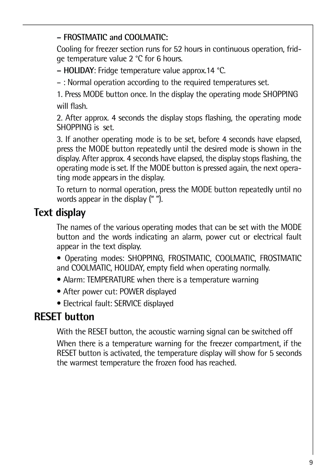 Electrolux 75438 KG user manual Text display, Reset button 