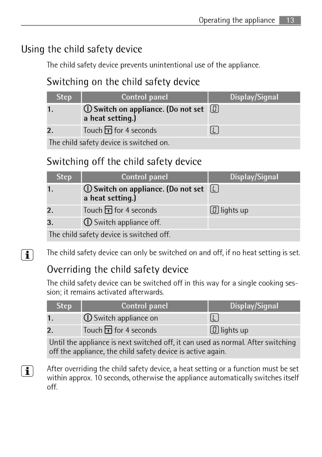 Electrolux 76331 KF-N user manual Using the child safety device, Switching on the child safety device 