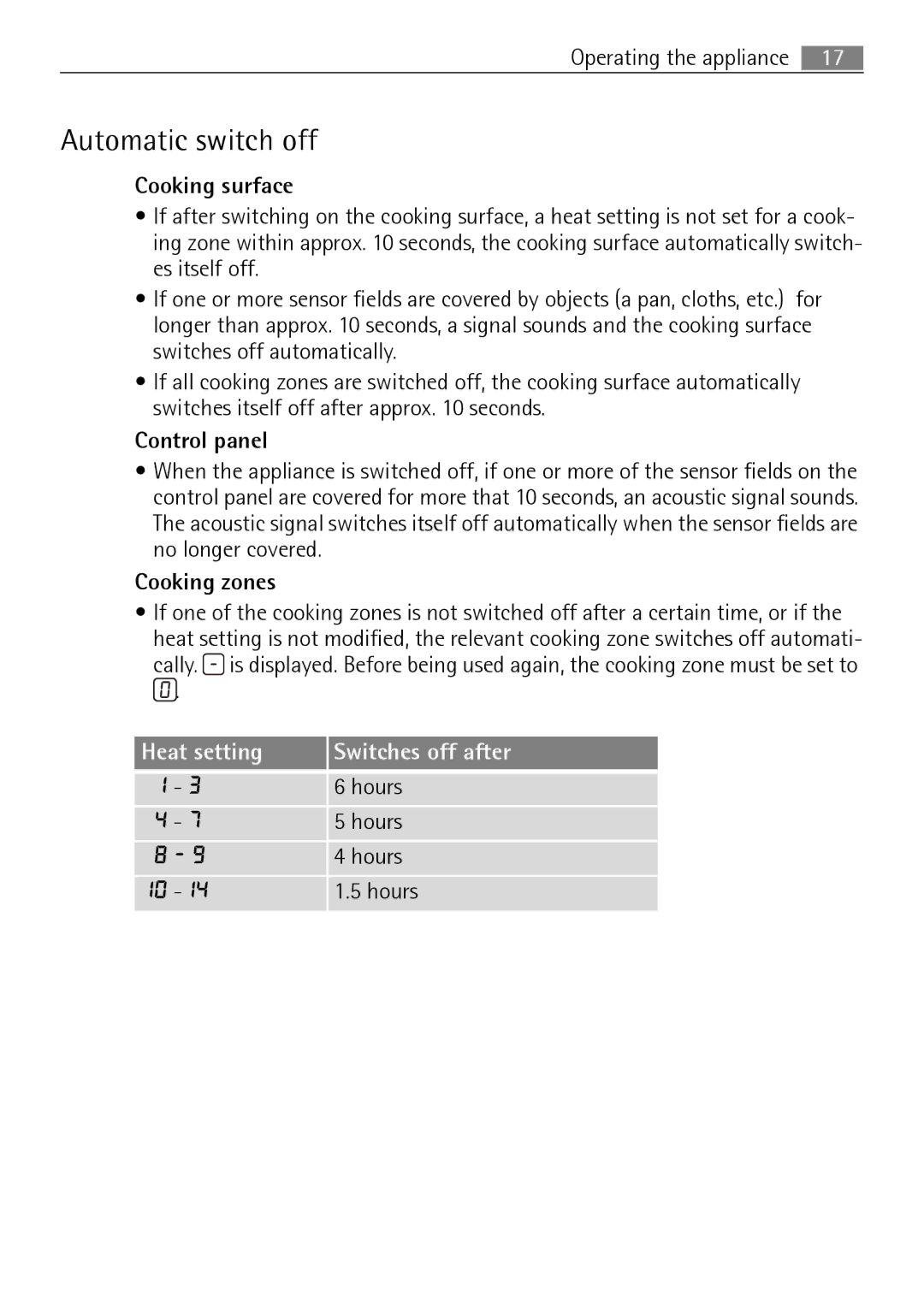 Electrolux 76331 KF-N user manual Automatic switch off, Heat setting Switches off after 