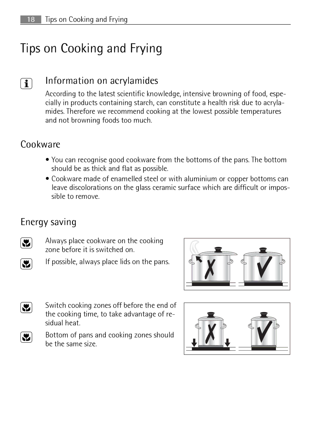 Electrolux 76331 KF-N user manual Tips on Cooking and Frying, Information on acrylamides, Cookware, Energy saving 