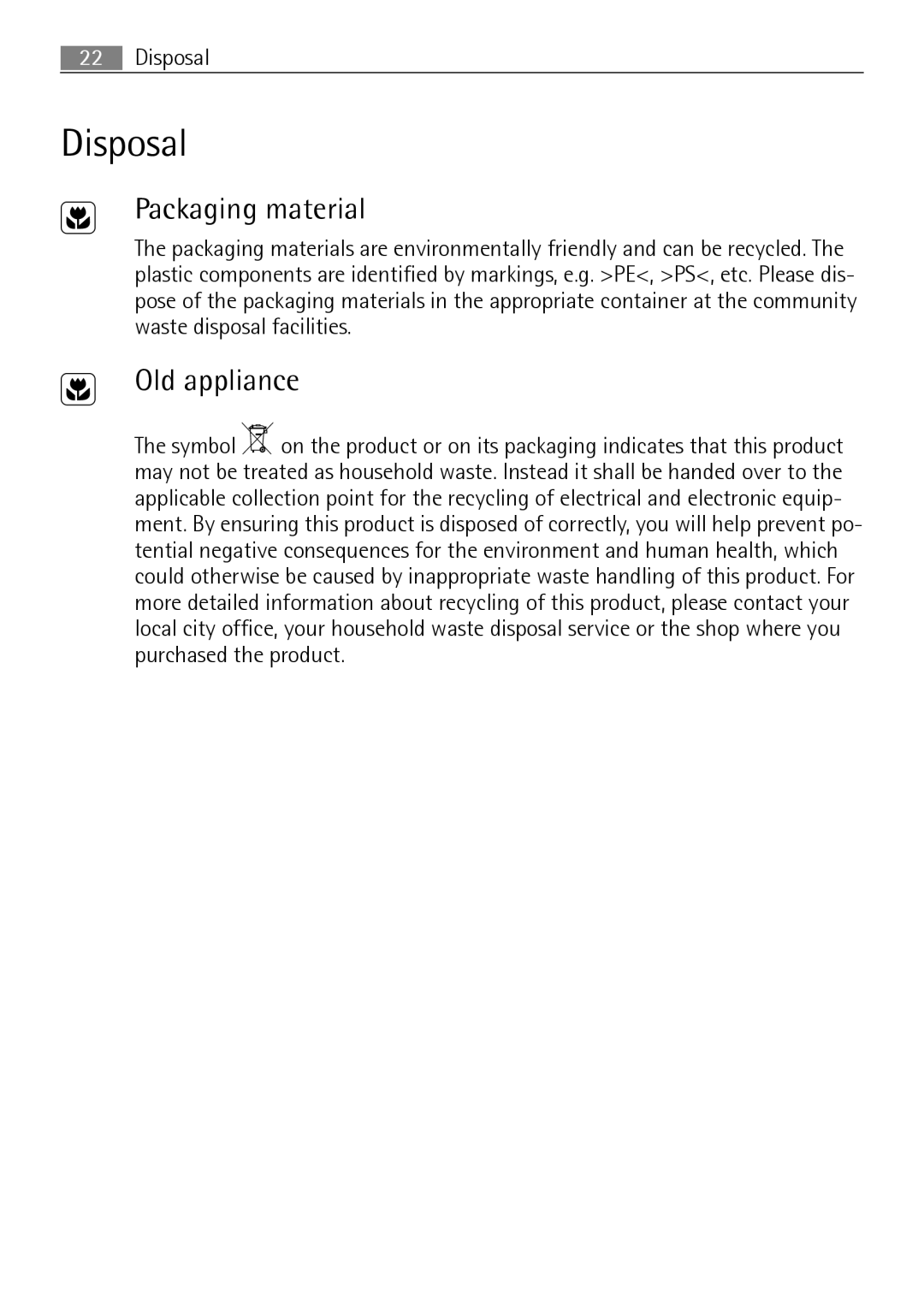 Electrolux 76331 KF-N user manual Disposal, Packaging material, Old appliance 