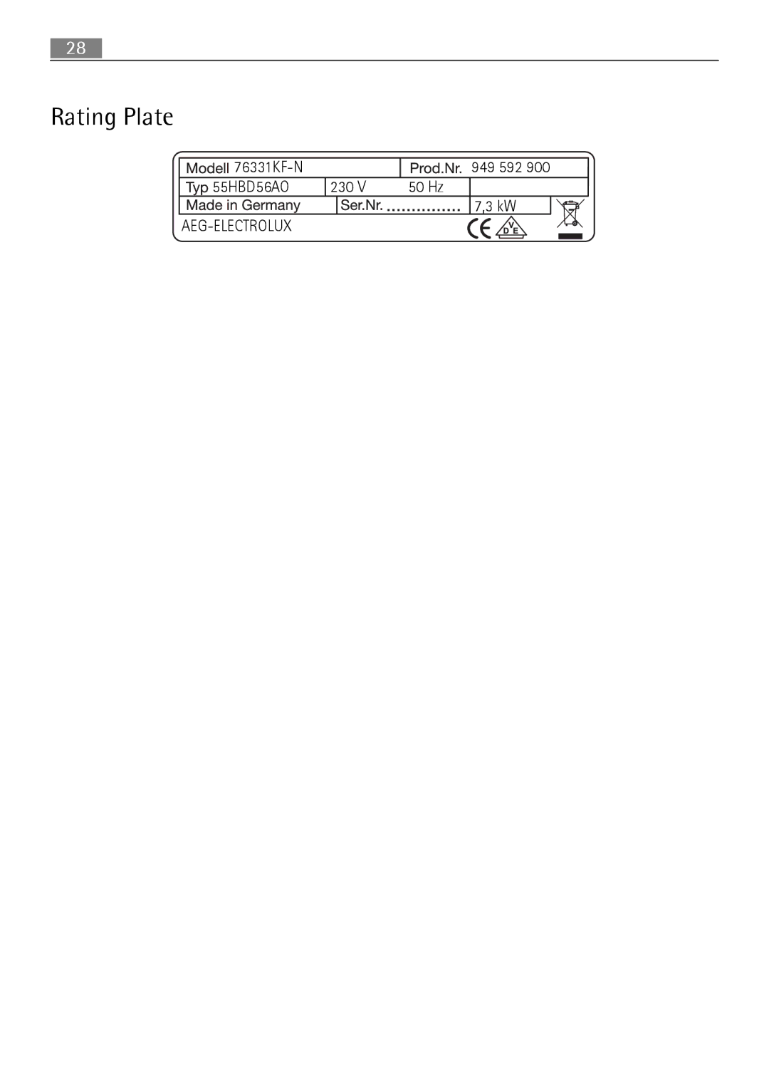 Electrolux 76331 KF-N user manual Rating Plate 