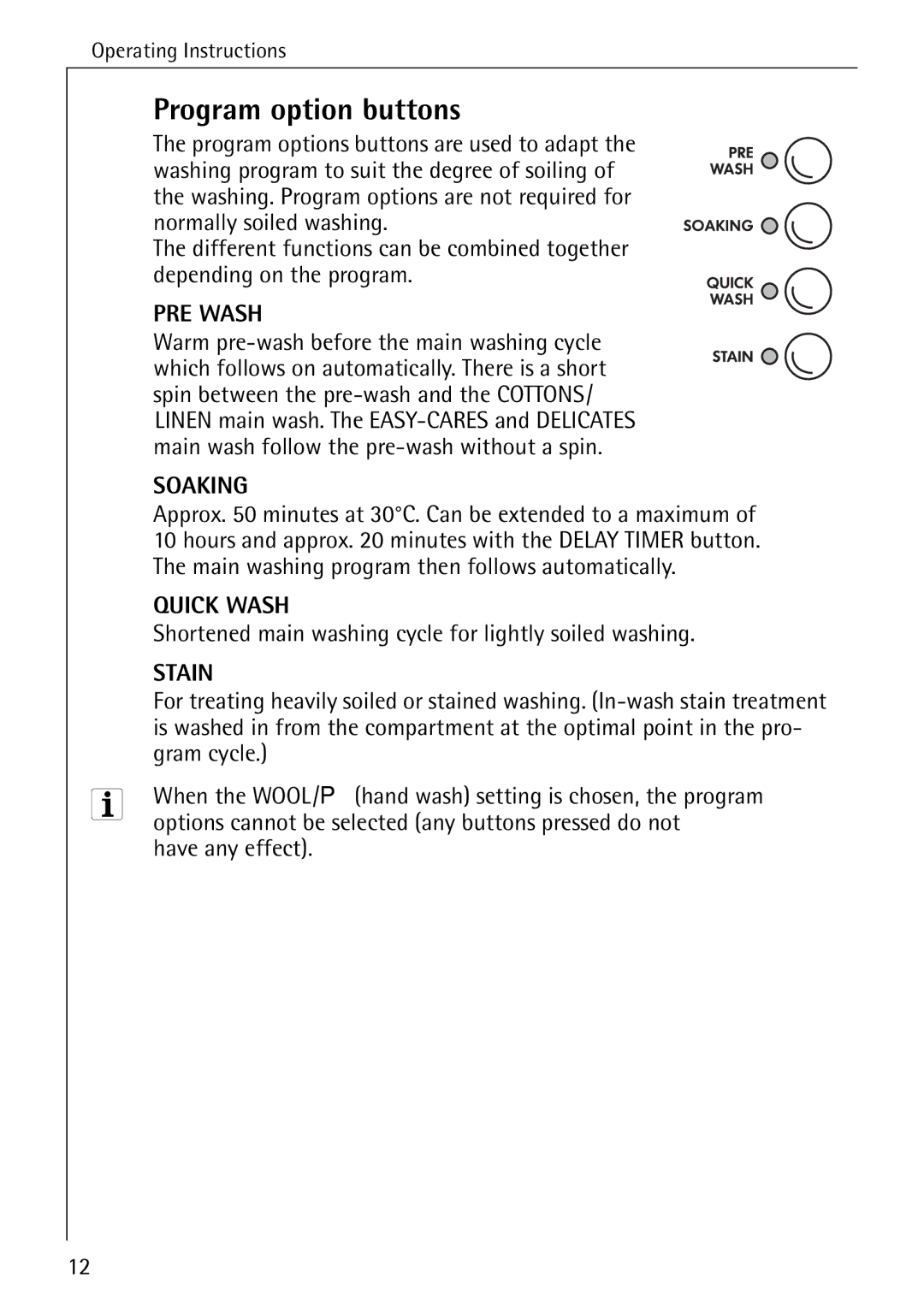 Electrolux 76639 manual Program option buttons 