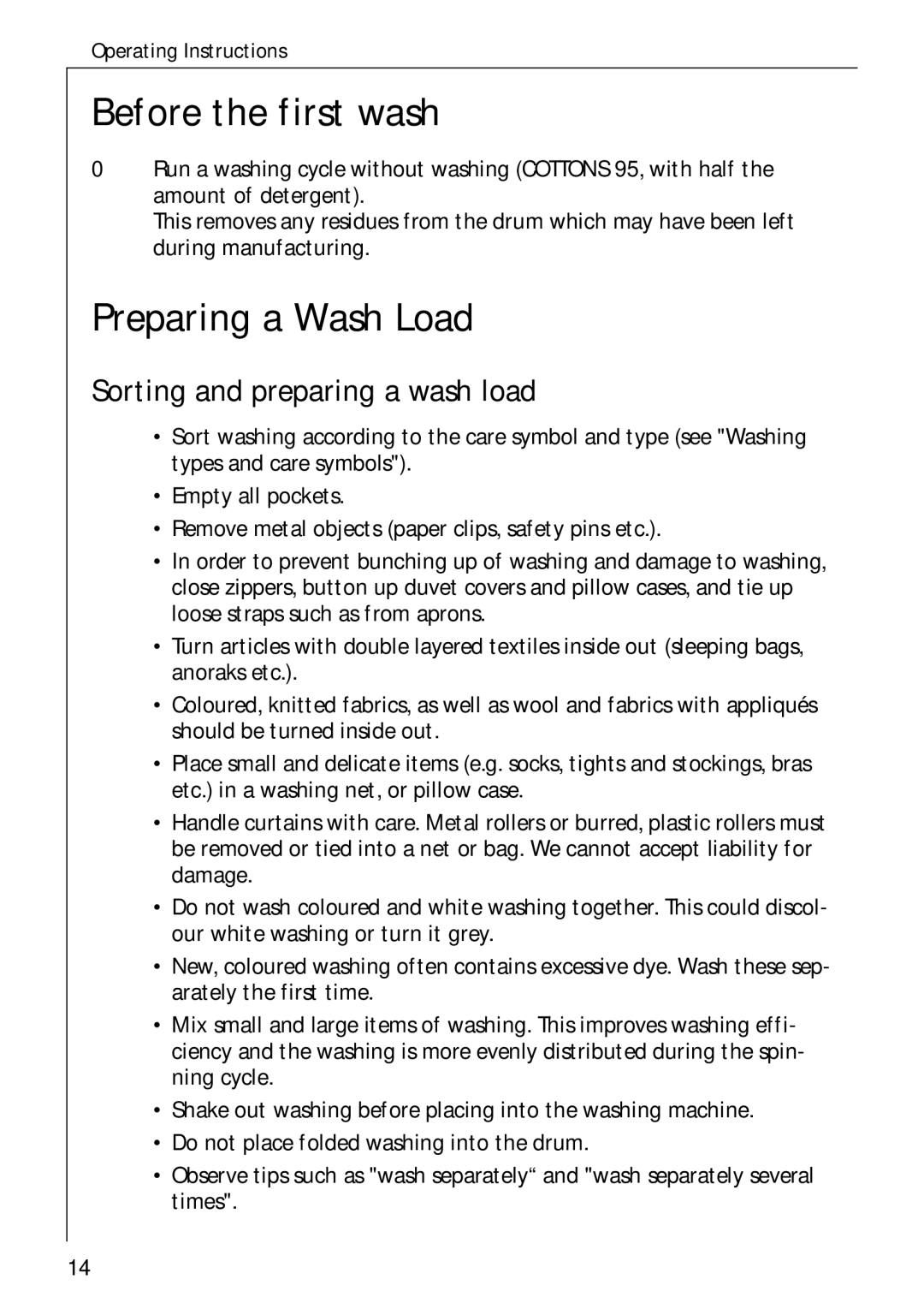 Electrolux 76639 manual Before the first wash, Preparing a Wash Load, Sorting and preparing a wash load 