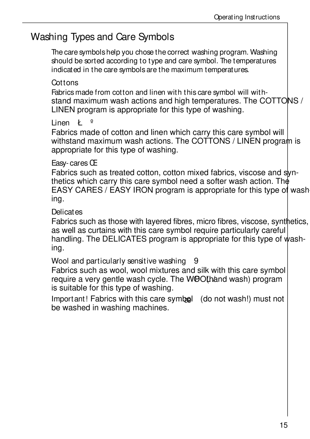 Electrolux 76639 manual Washing Types and Care Symbols 