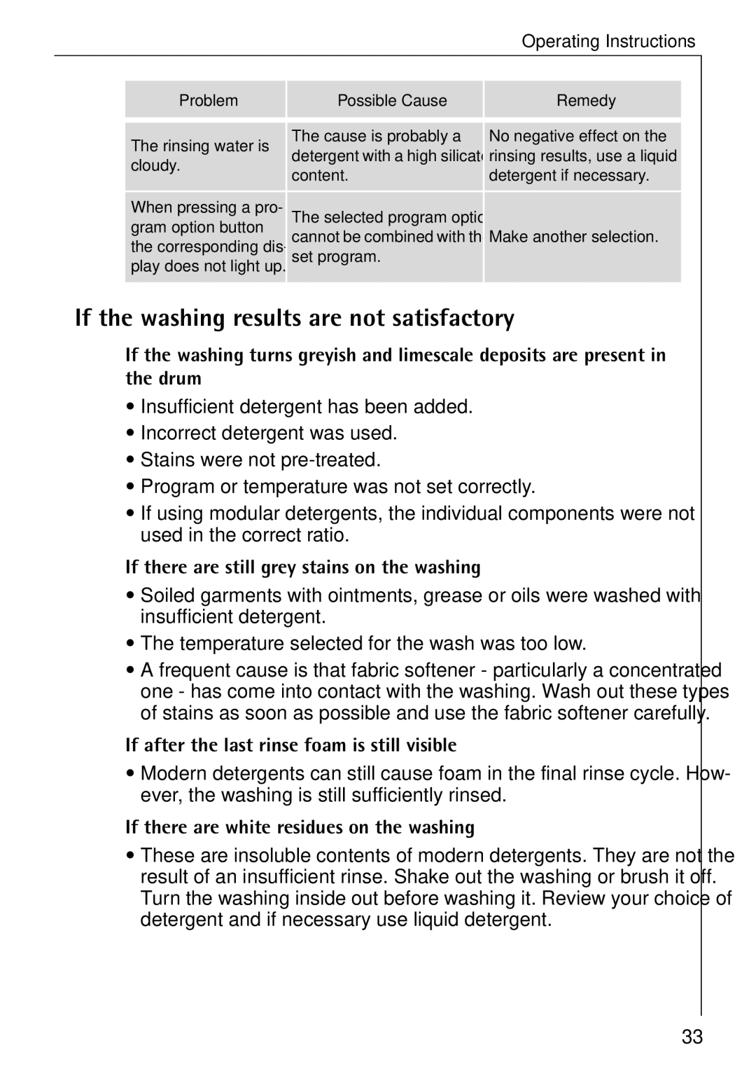 Electrolux 76639 manual If the washing results are not satisfactory, If there are still grey stains on the washing 