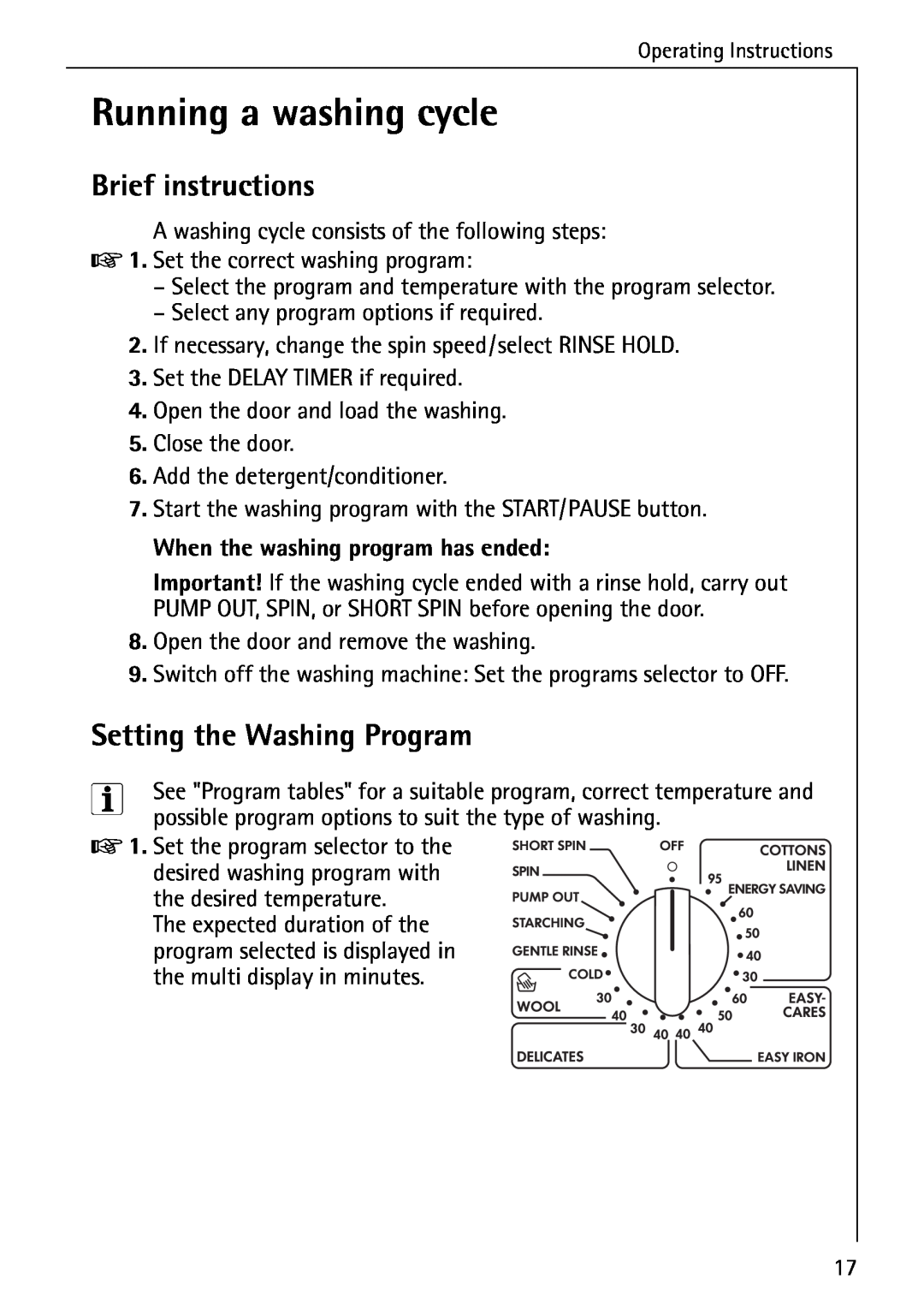 Electrolux 76639 manual Running a washing cycle, Brief instructions, Setting the Washing Program 