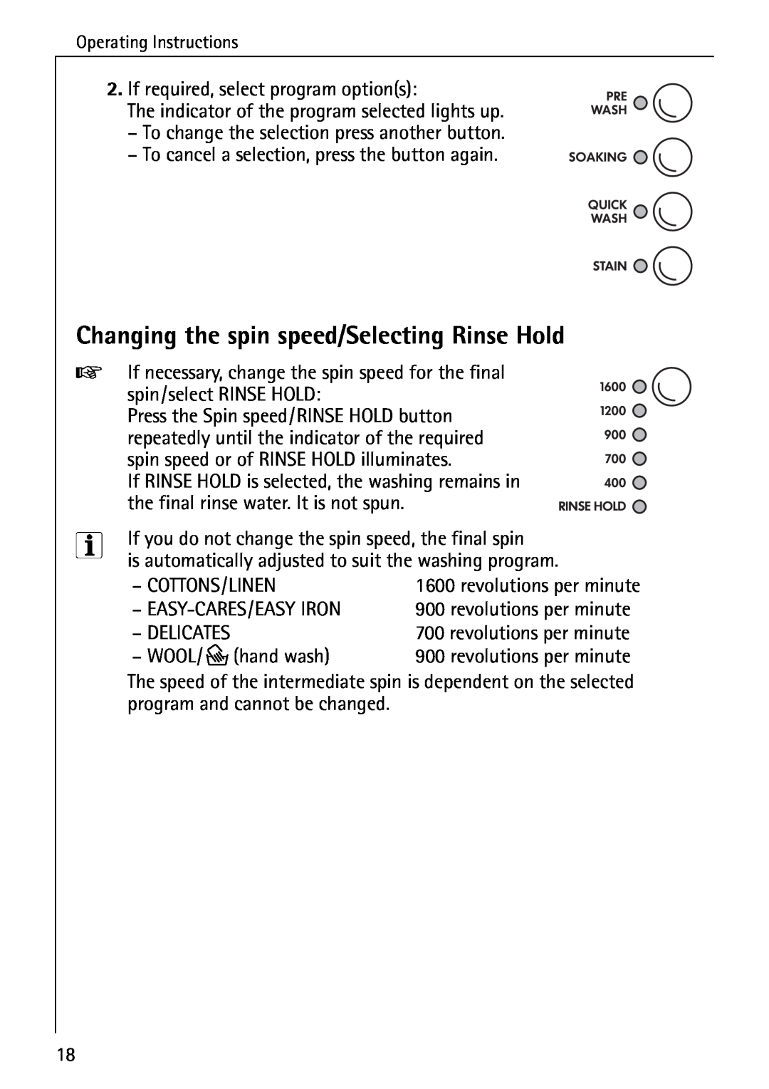 Electrolux 76639 manual Changing the spin speed/Selecting Rinse Hold 