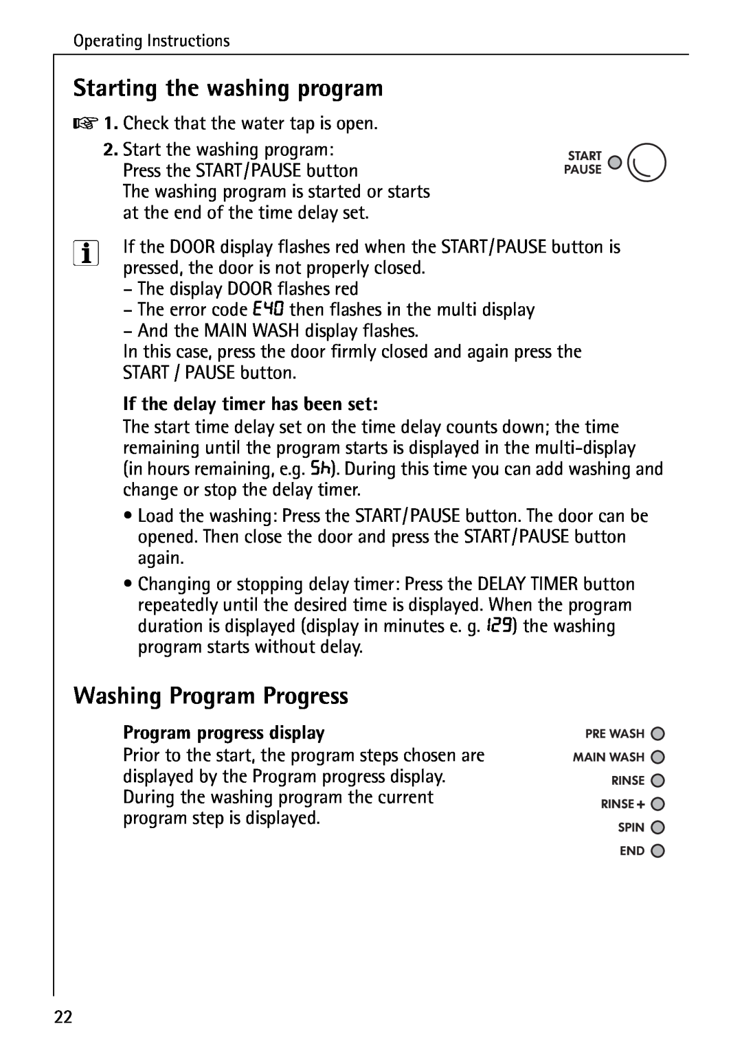 Electrolux 76639 manual Starting the washing program, Washing Program Progress, If the delay timer has been set 