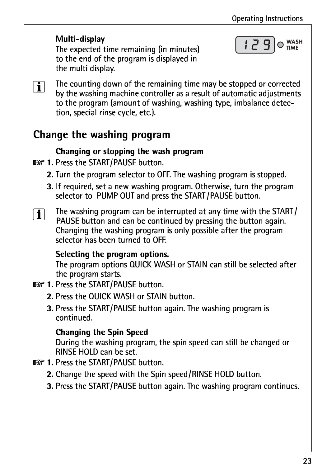 Electrolux 76639 Change the washing program, Multi-display, Changing or stopping the wash program, Changing the Spin Speed 