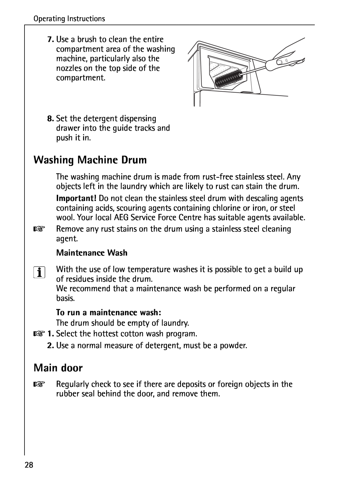 Electrolux 76639 manual Washing Machine Drum, Main door, Maintenance Wash, To run a maintenance wash 