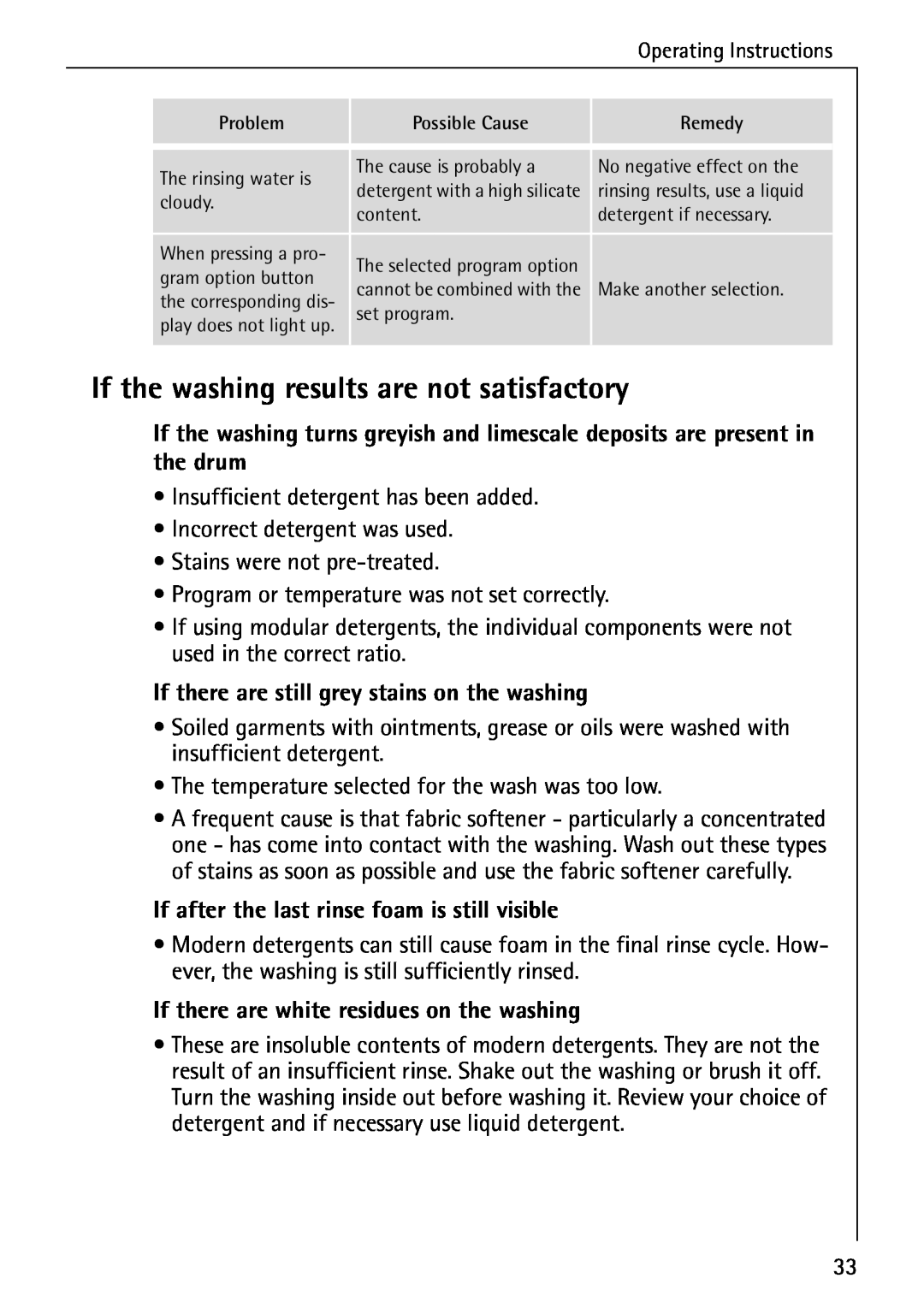Electrolux 76639 manual If the washing results are not satisfactory, If there are still grey stains on the washing 