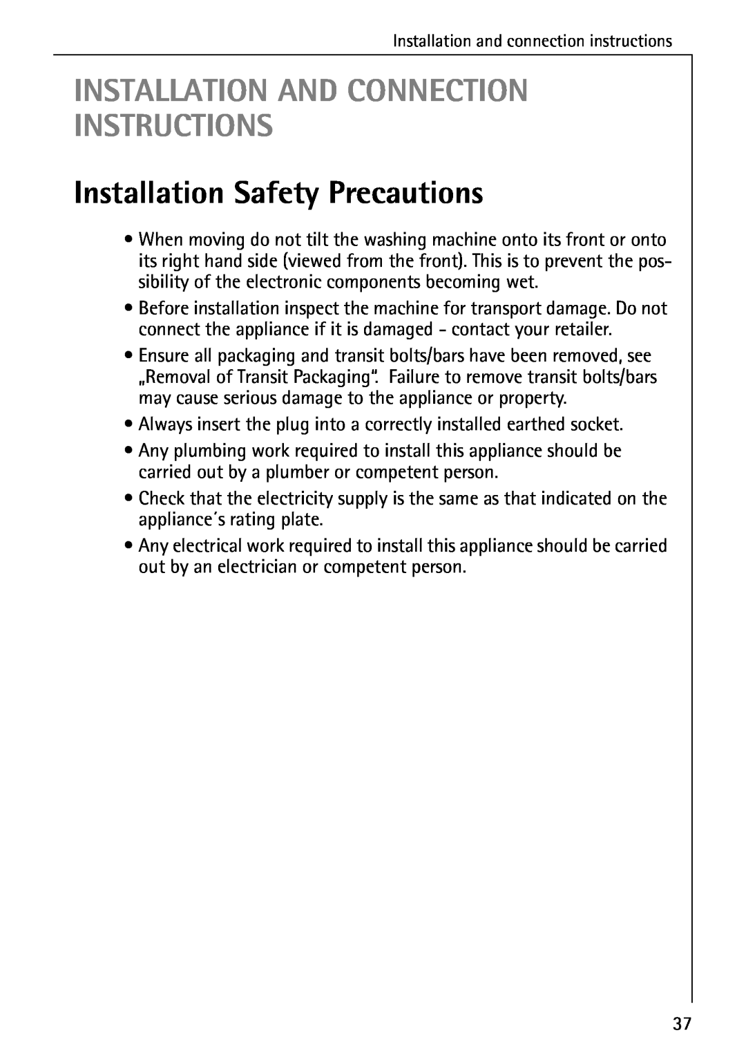 Electrolux 76639 manual Installation And Connection Instructions, Installation Safety Precautions 