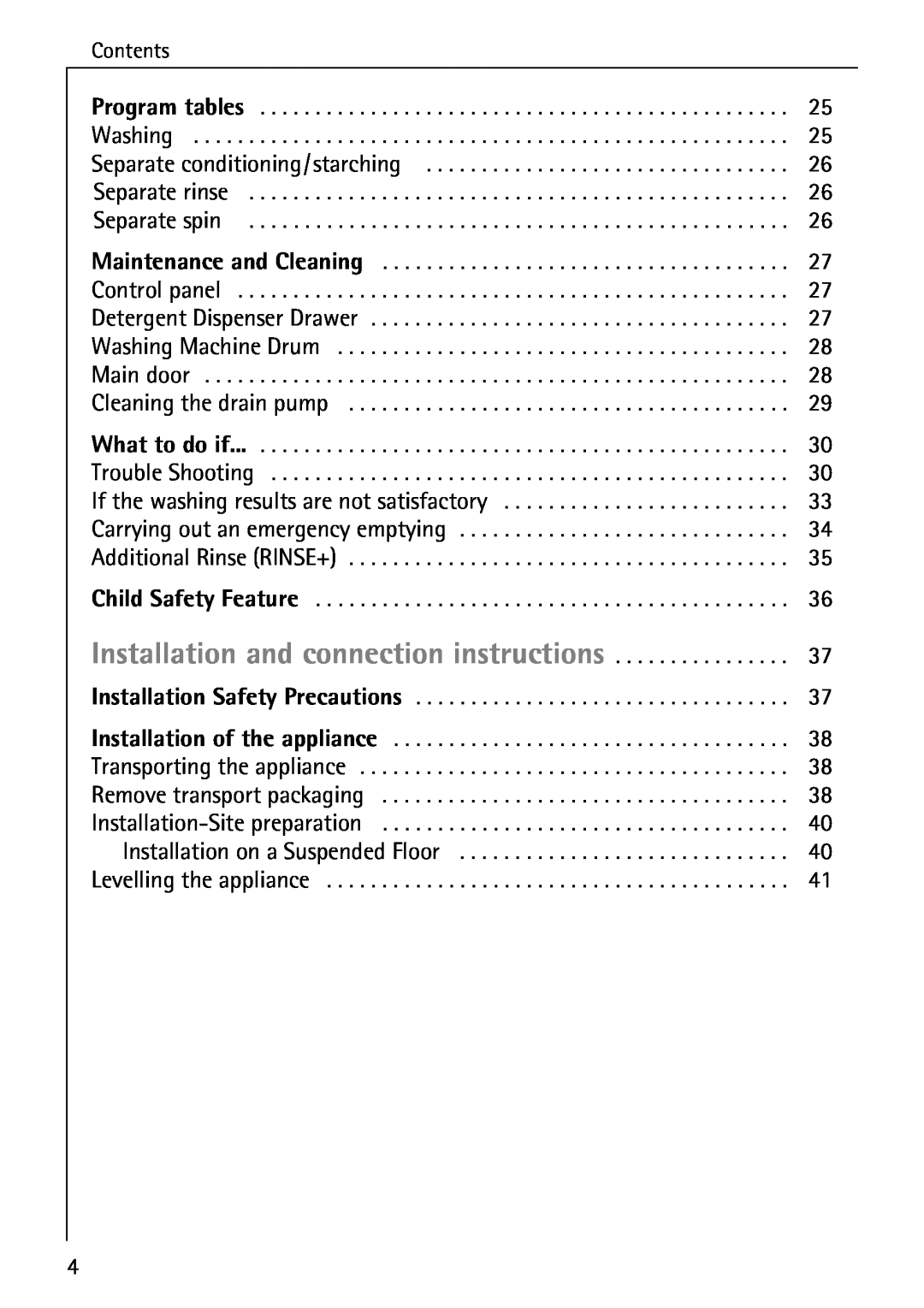 Electrolux 76639 manual Installation and connection instructions, Contents, Installation Safety Precautions 