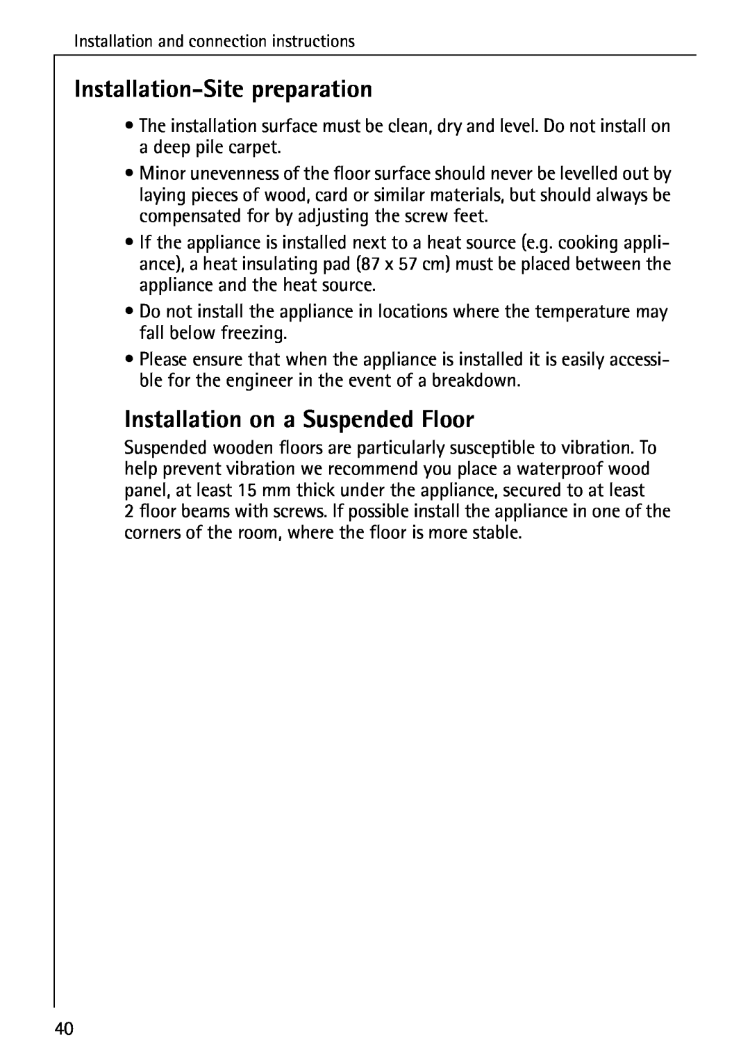 Electrolux 76639 manual Installation-Site preparation, Installation on a Suspended Floor 