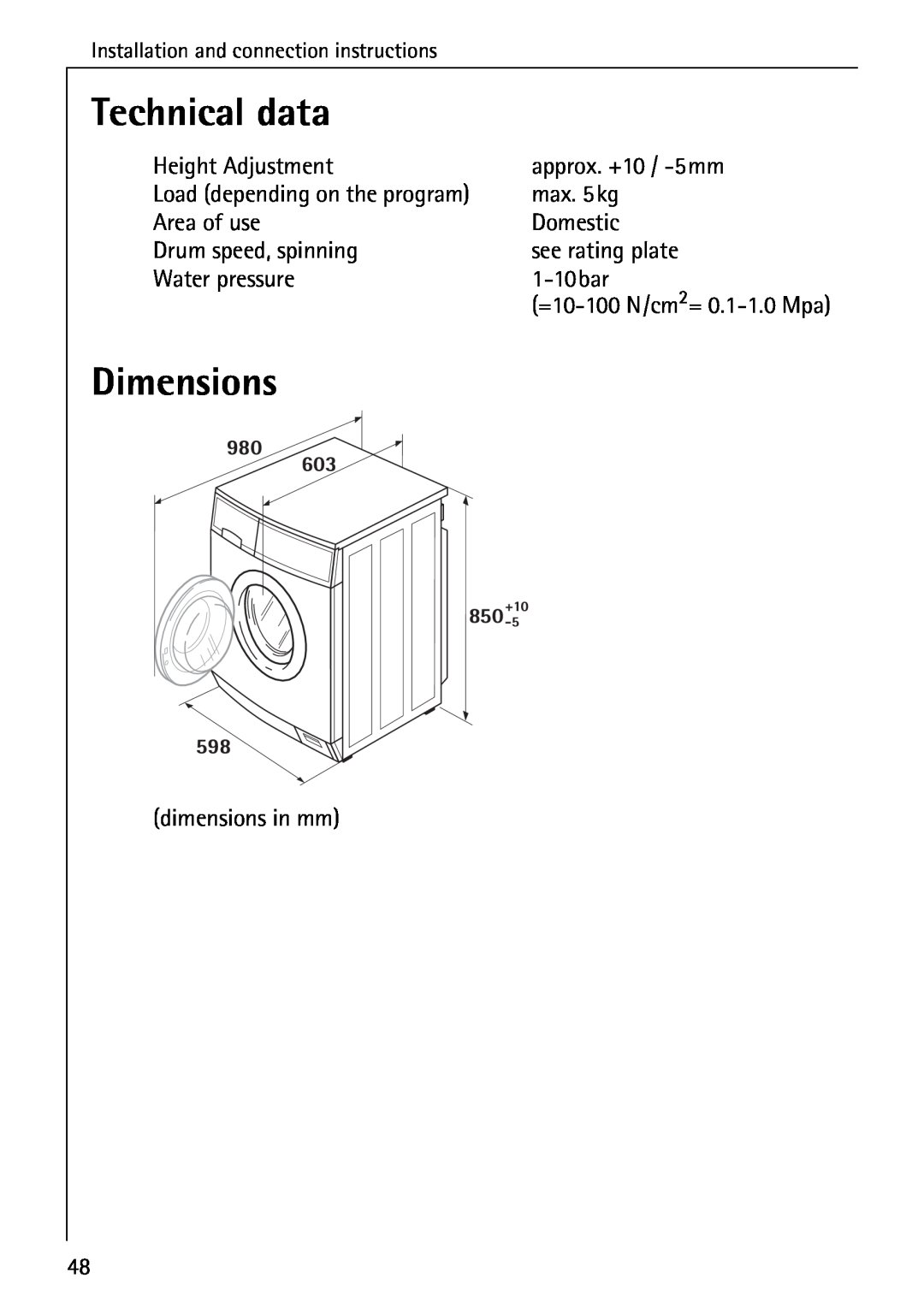 Electrolux 76639 manual Technical data, Dimensions 
