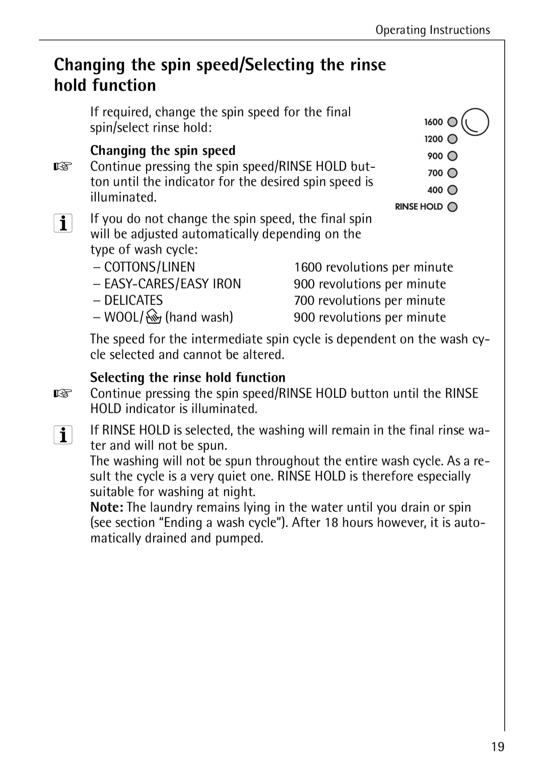 Electrolux 76640 manual Changing the spin speed/Selecting the rinse hold function 