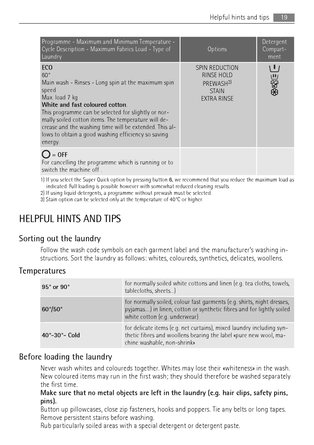 Electrolux 76650 A3 user manual Helpful Hints and Tips, Sorting out the laundry, Temperatures, Before loading the laundry 