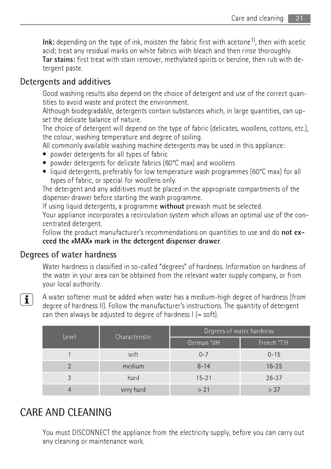 Electrolux 76650 A3 user manual Care and Cleaning, Detergents and additives, Degrees of water hardness 