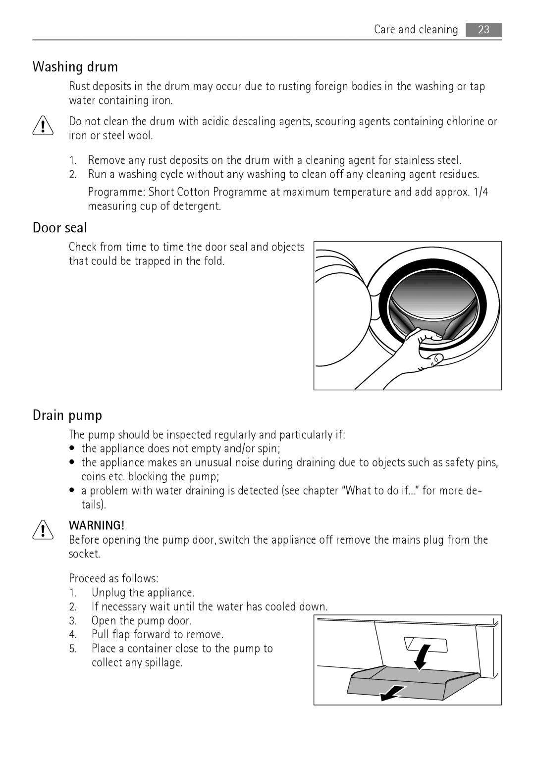 Electrolux 76650 A3 user manual Washing drum, Door seal, Drain pump 