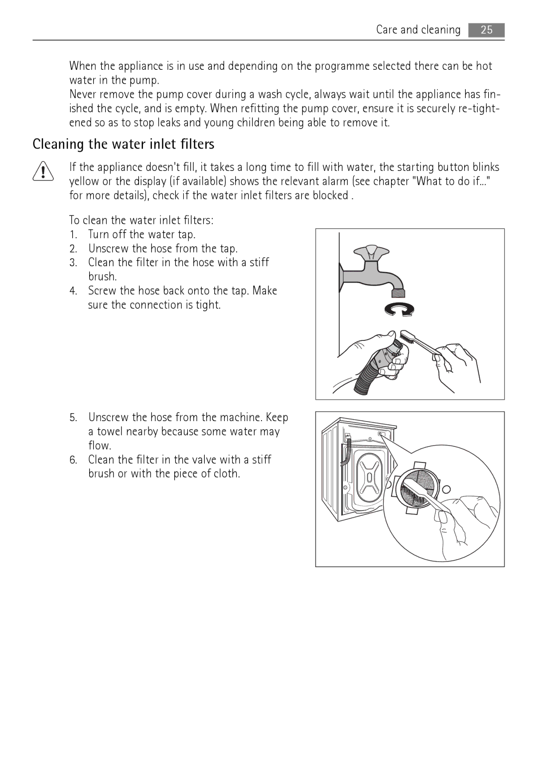 Electrolux 76650 A3 user manual Cleaning the water inlet filters 