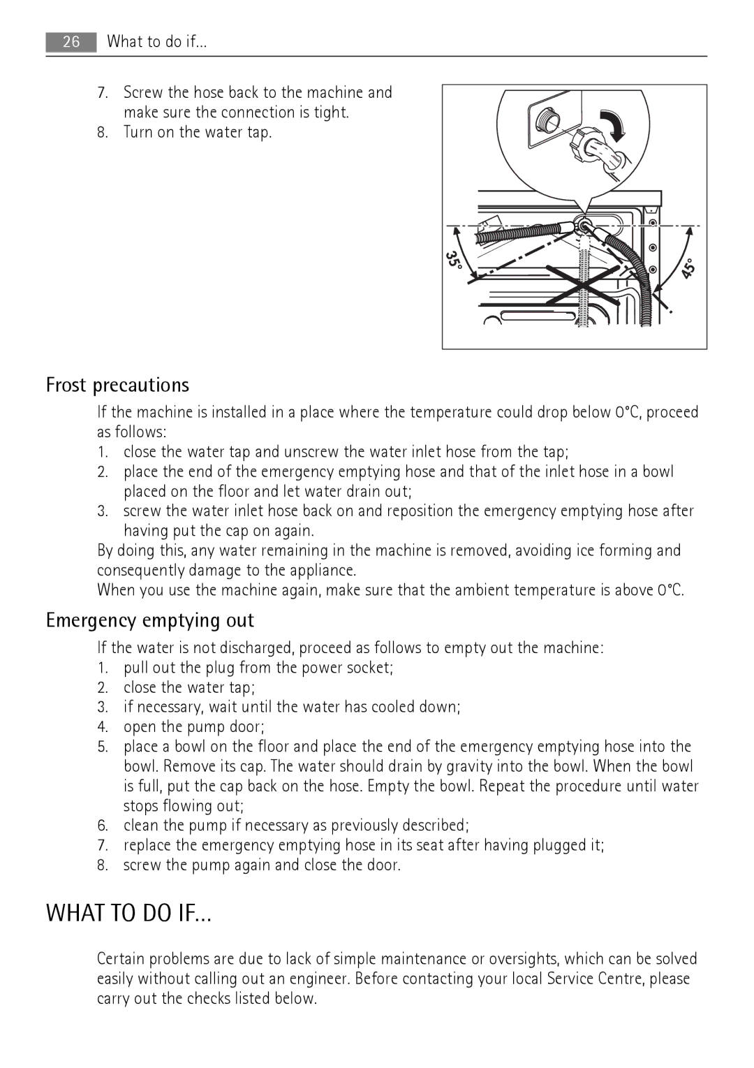 Electrolux 76650 A3 user manual What to do IF…, Frost precautions, Emergency emptying out 