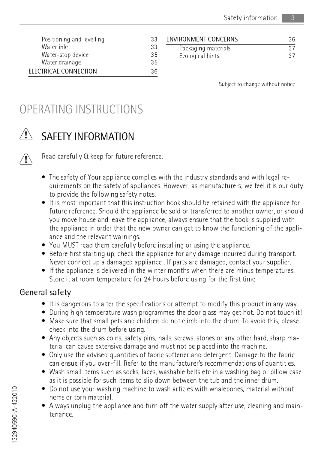 Electrolux 76650 A3 Safety Information, General safety, Safety information Positioning and levelling, 132940590-A-422010 