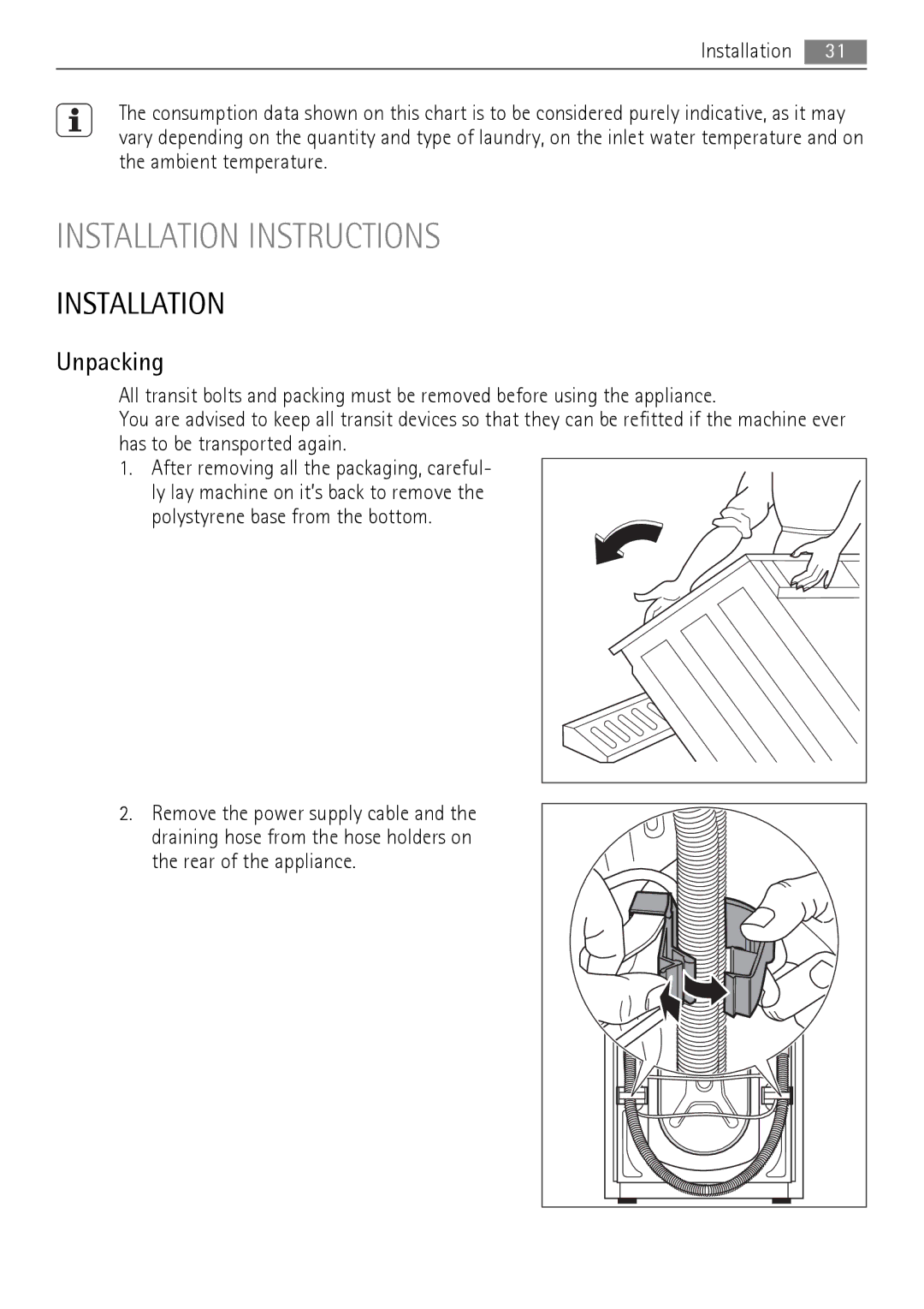 Electrolux 76650 A3 user manual Installation, Unpacking, Rear of the appliance 