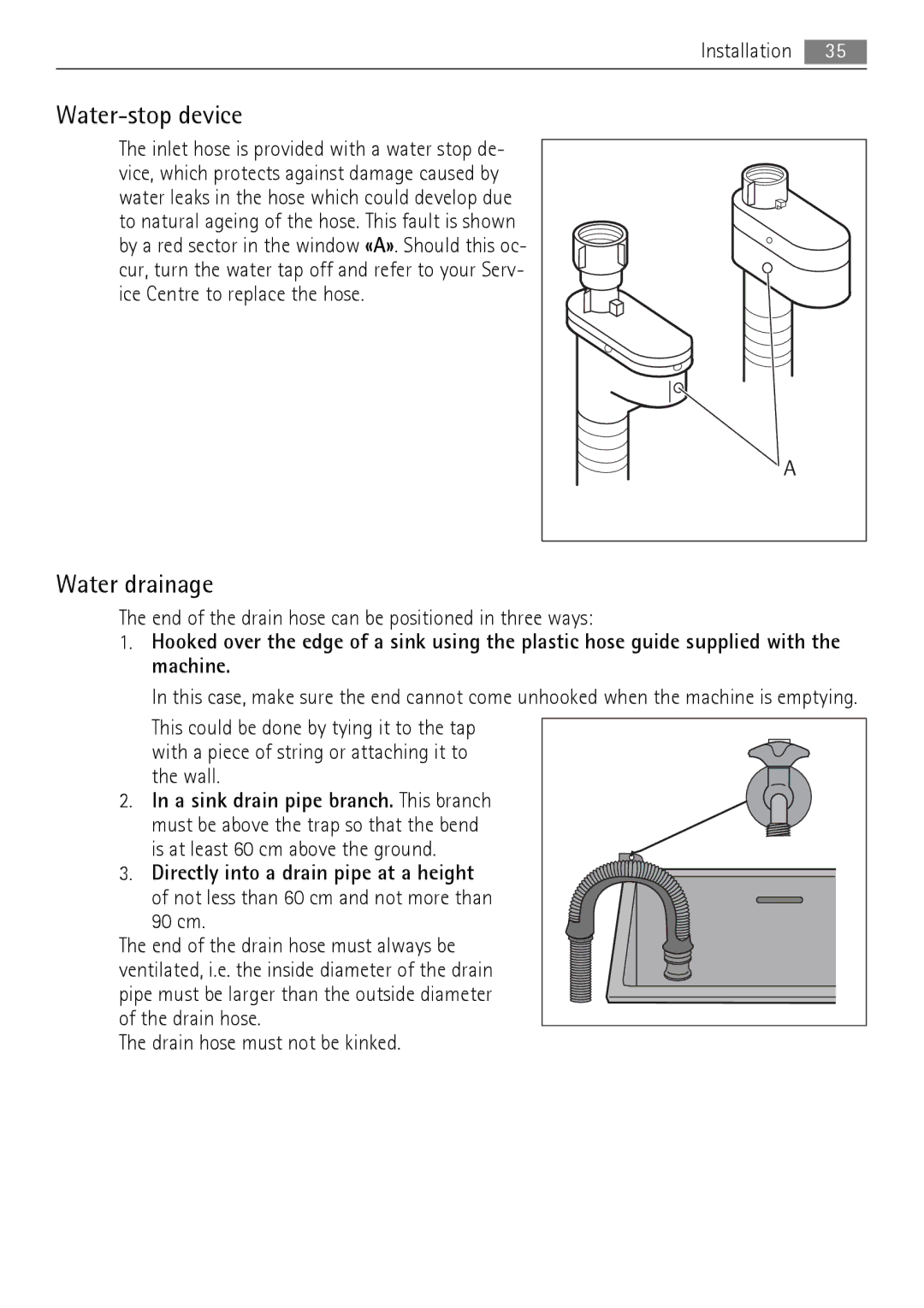 Electrolux 76650 A3 user manual Water-stop device, Water drainage, End of the drain hose can be positioned in three ways 