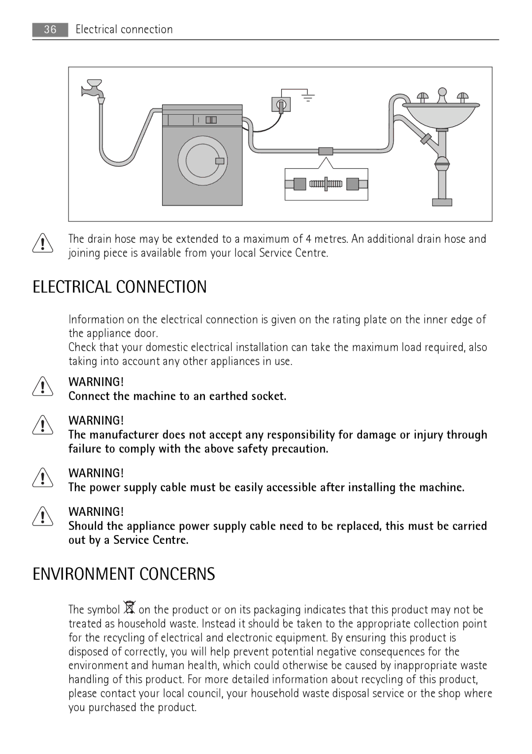 Electrolux 76650 A3 user manual Electrical Connection, Environment Concerns 