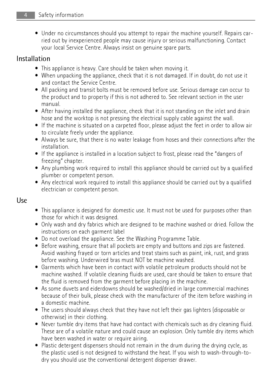 Electrolux 76650 A3 user manual Installation, Use, Safety information 