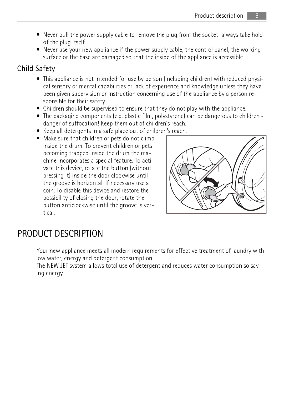 Electrolux 76650 A3 Product Description, Child Safety, Keep all detergents in a safe place out of children’s reach 