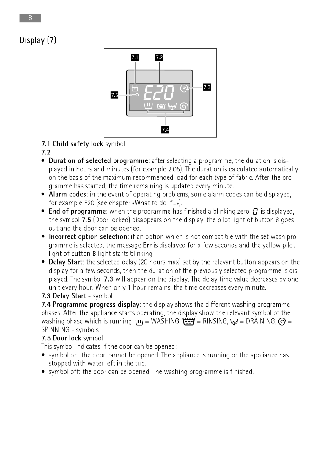 Electrolux 76650 A3 user manual Display, Child safety lock symbol 