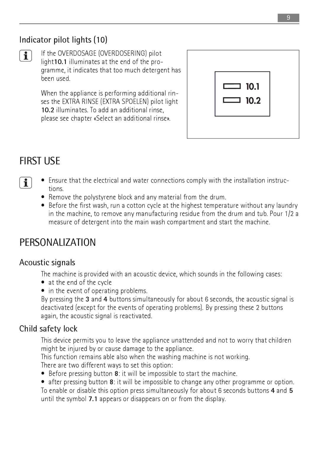 Electrolux 76650 A3 user manual First USE, Personalization, Indicator pilot lights, Acoustic signals, Child safety lock 