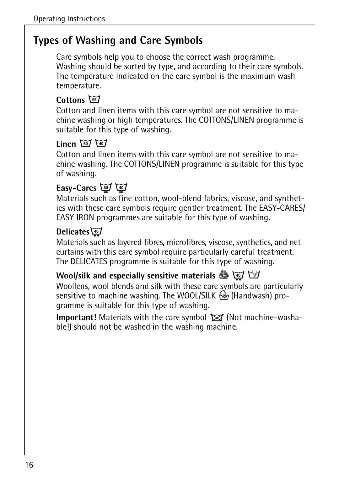 Electrolux 76669 manual Types of Washing and Care Symbols 