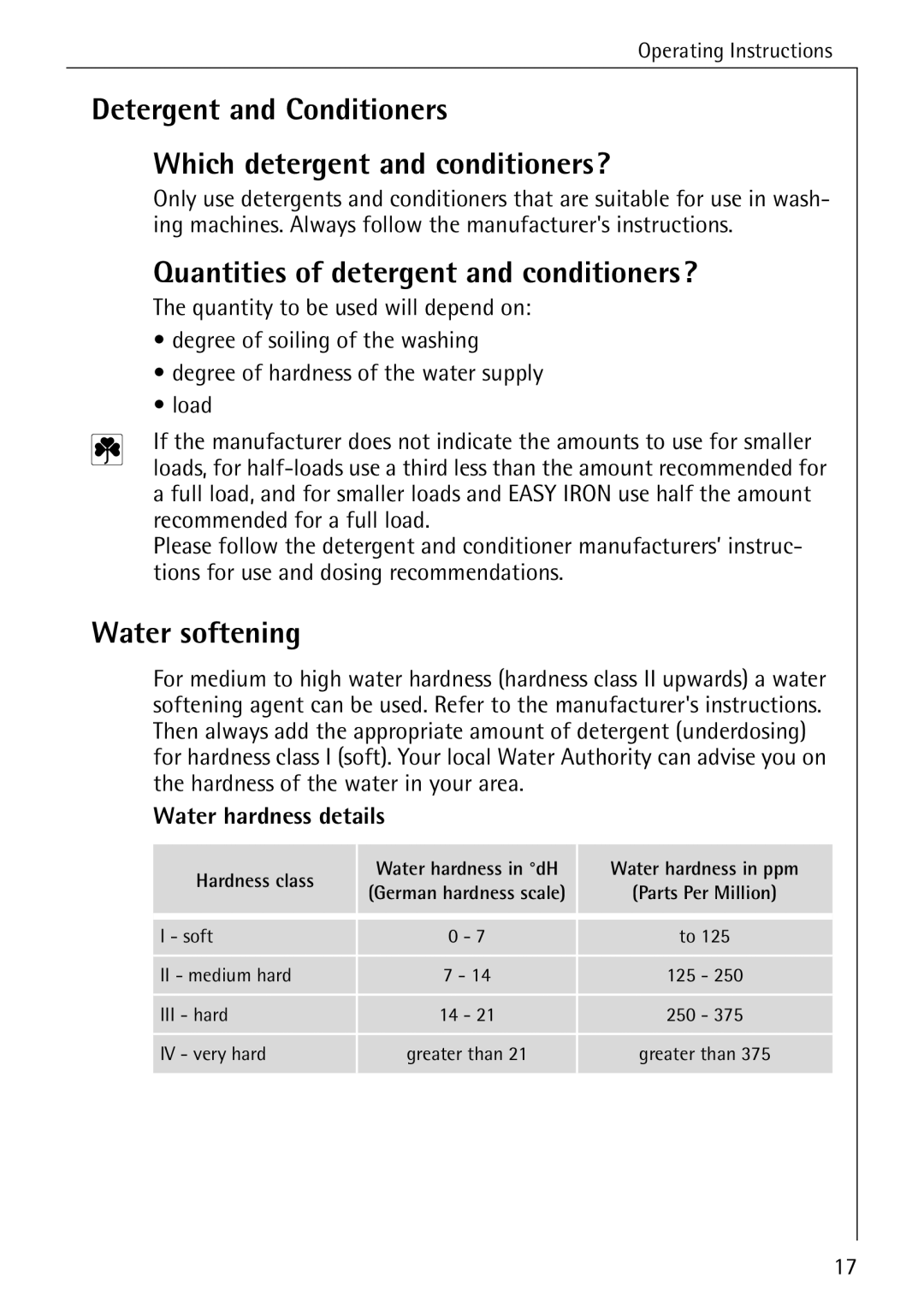 Electrolux 76669 manual Quantities of detergent and conditioners?, Water softening, Water hardness details 